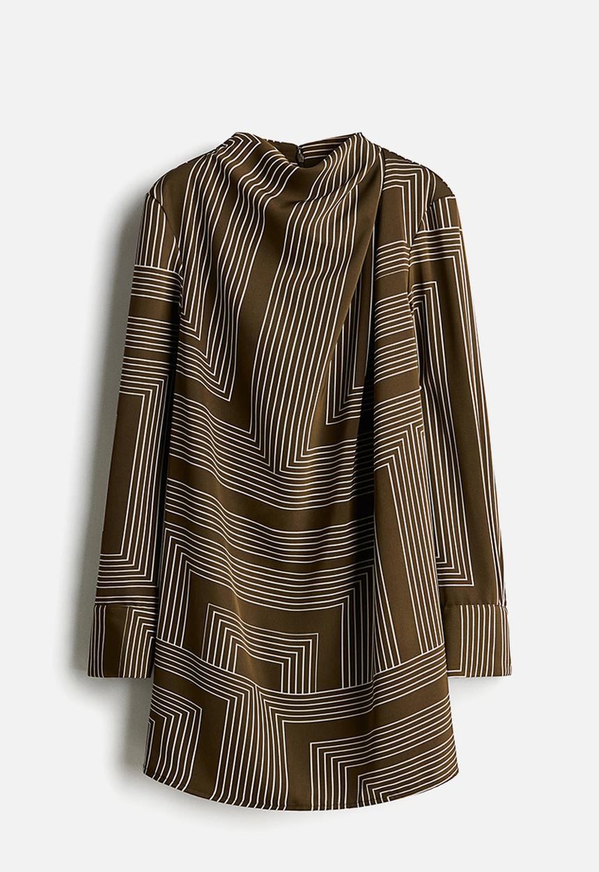 H&M - Draped twill dress - dark khaki green patterned