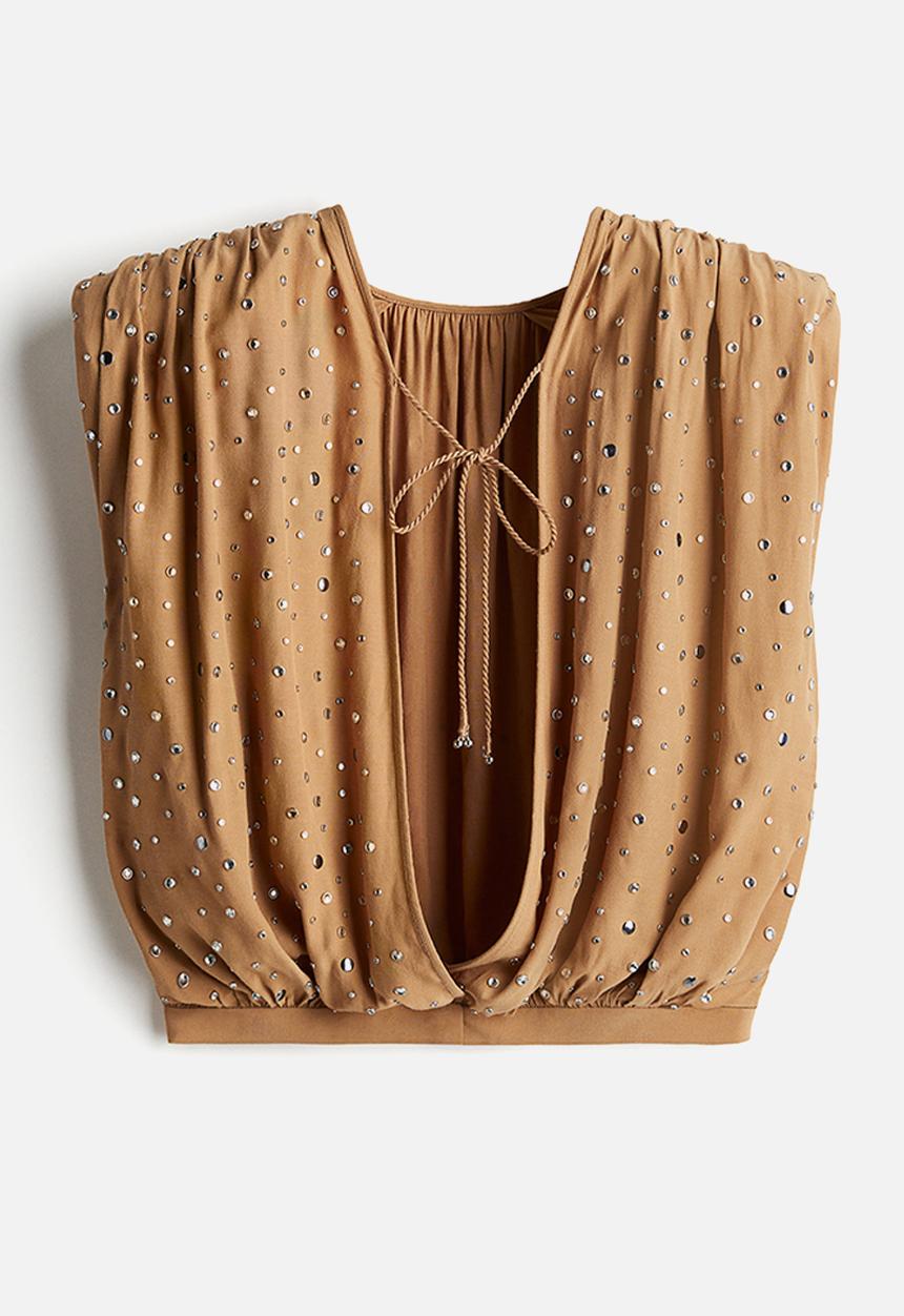 H&M - H&M Studio: Rhinestone-embellished top - dark beige