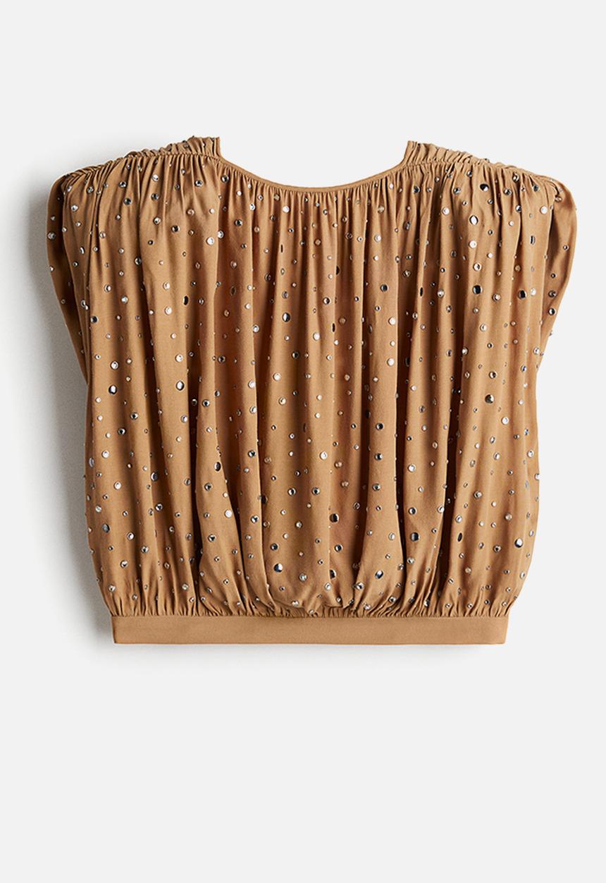H&M - H&M Studio: Rhinestone-embellished top - dark beige