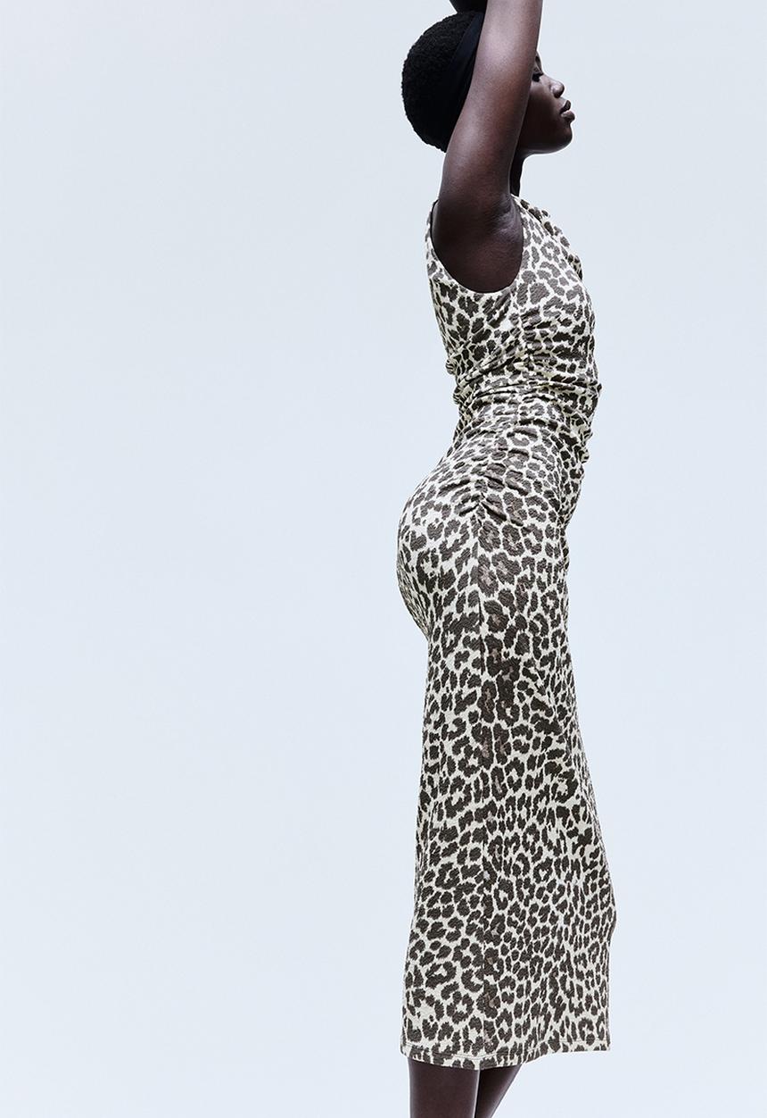 H&M - Boat-neck bodycon dress - light beige leopard print