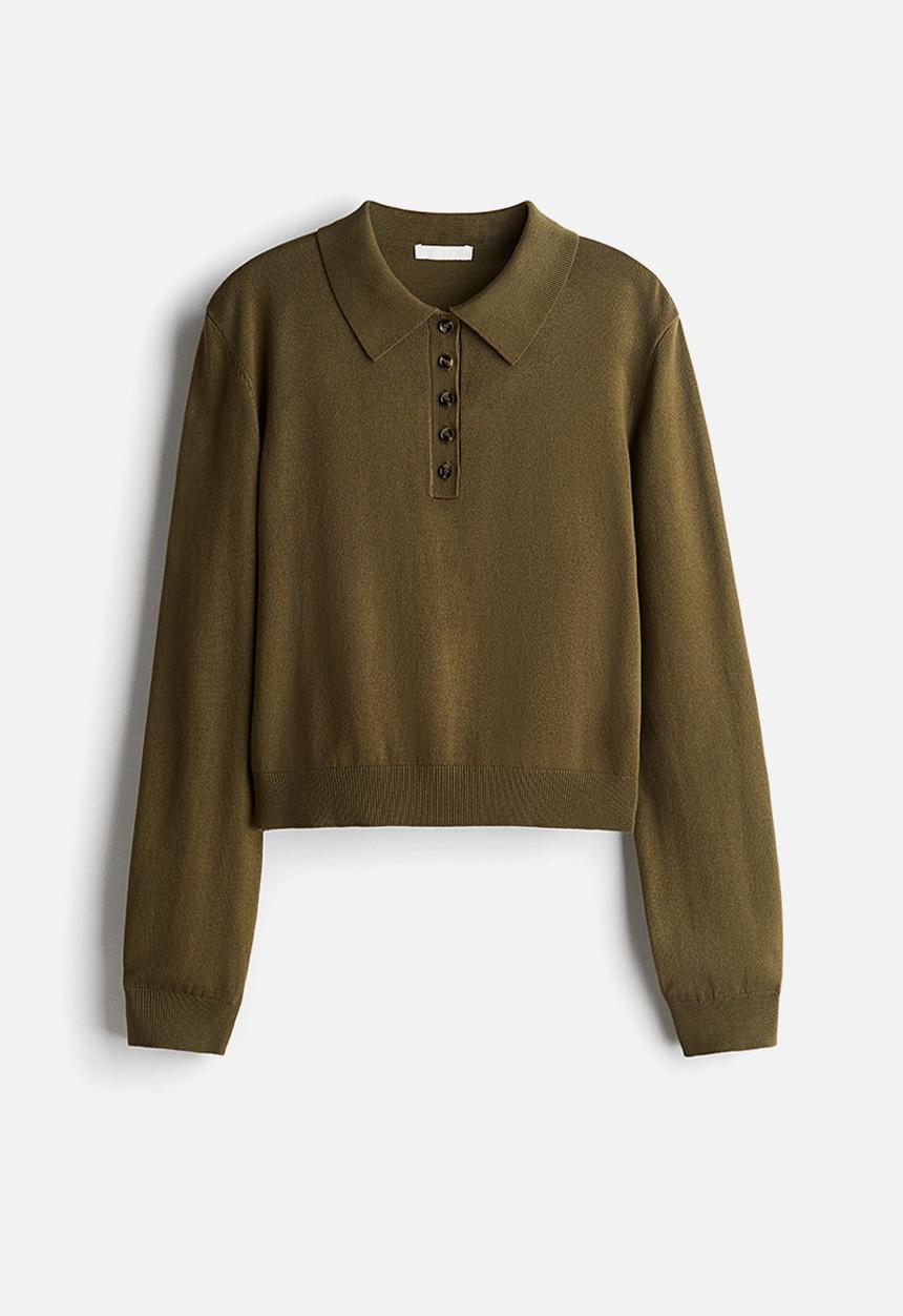 H&M - Fine-knit polo shirt - dark khaki green
