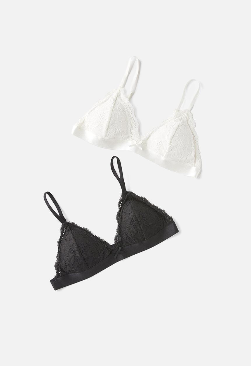 Cotton On - Everyday Lace Triangle Padded Bralette 2Pk - Black/Cream