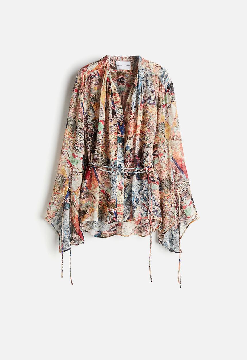 H&M - H&M Studio: Chiffon wrap blouse - beige/patterned