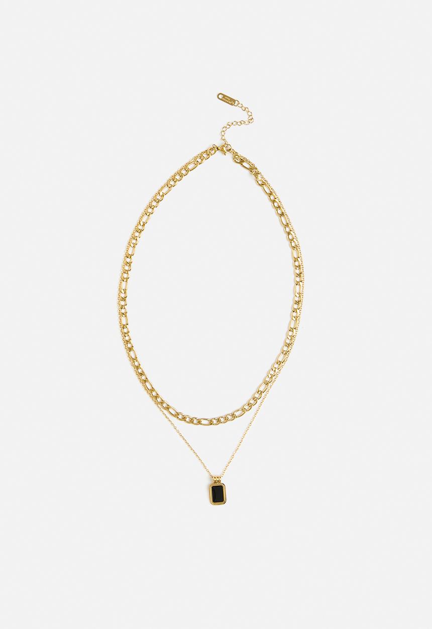 Zoe on Trend - Double-strand curb and stone drop pendant necklace -gold