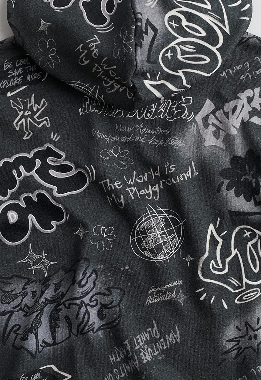 H&M - Printed hoodie - dark grey graffiti