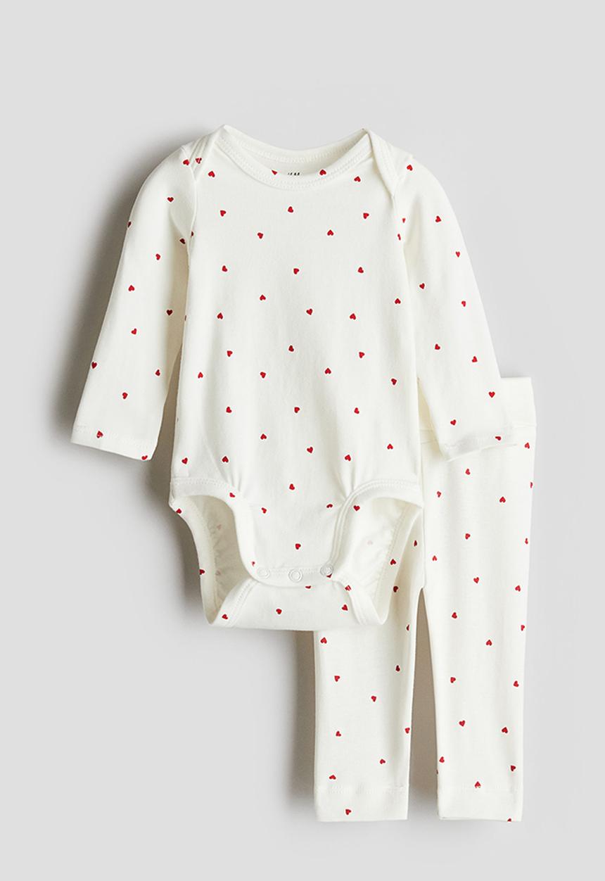 H&M - 2-Piece cotton jersey set - white hearts 
