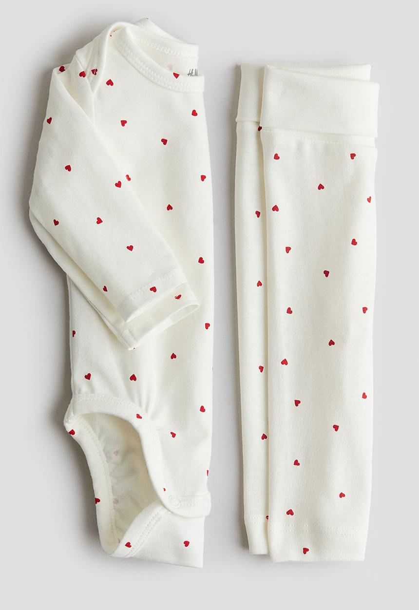 H&M - 2-Piece cotton jersey set - white hearts 