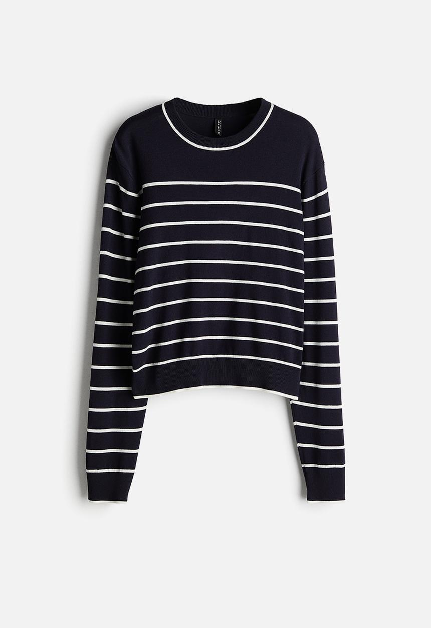 H&M - Short fine-knit jumper - navy blue striped