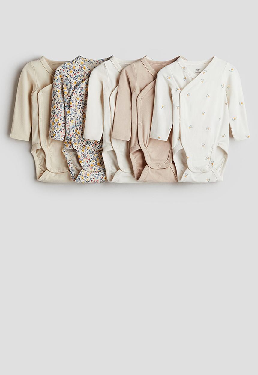 H&M - 5 Pack wrapover bodysuits - light beige/floral 