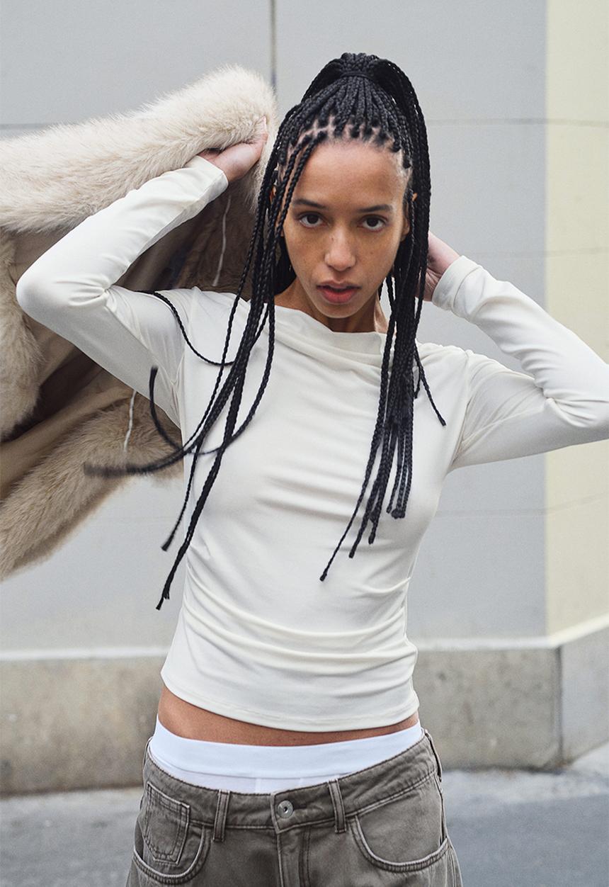 Draped jersey top - cream - 1259456006