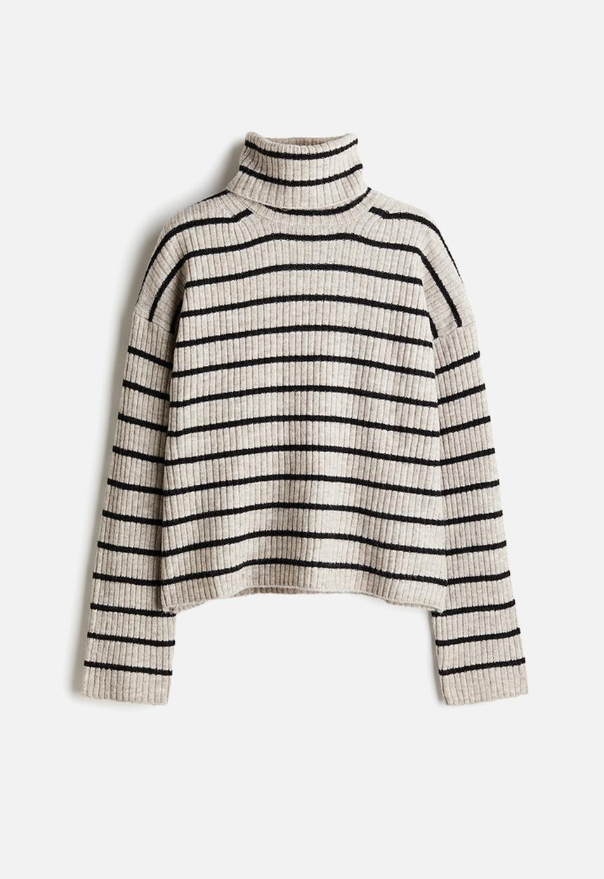 H&M - Oversized polo-neck jumper - light beige marl striped