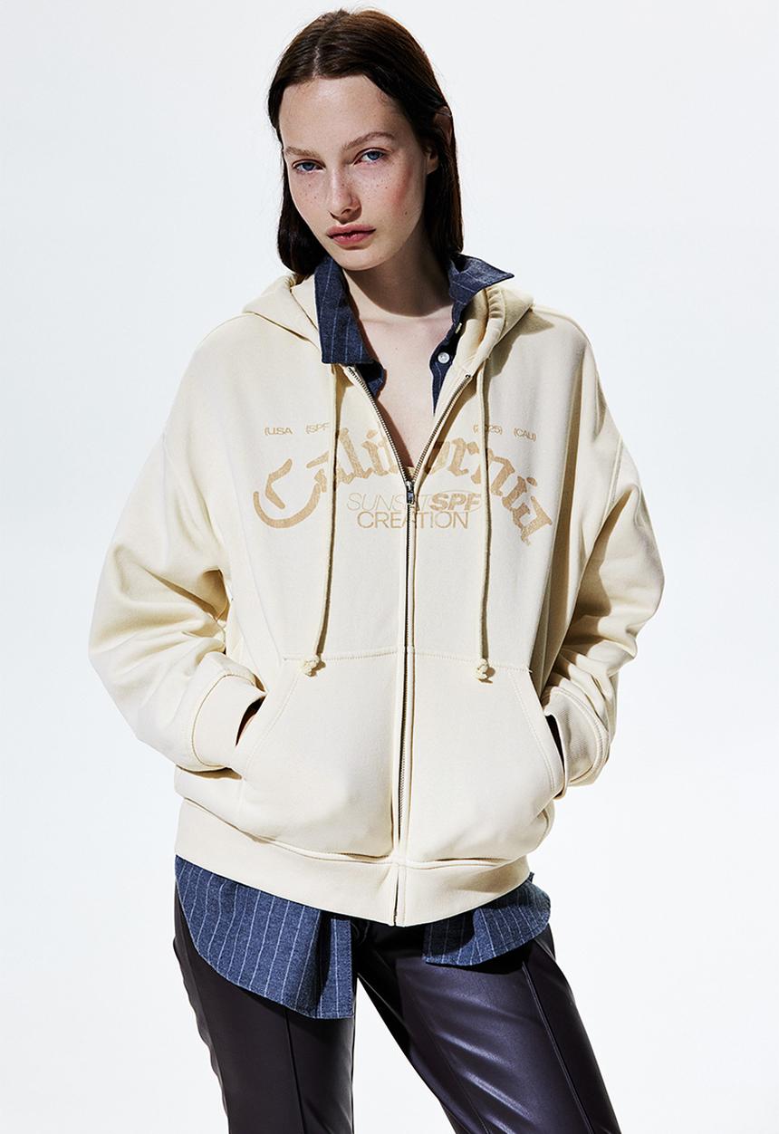 H&M - Oversized zip-through hoodie - light beige california