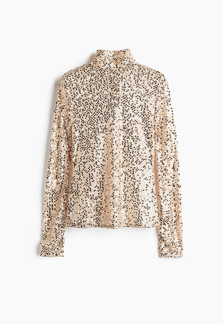 H&M - Sequined turtleneck top - light beige gold-coloured