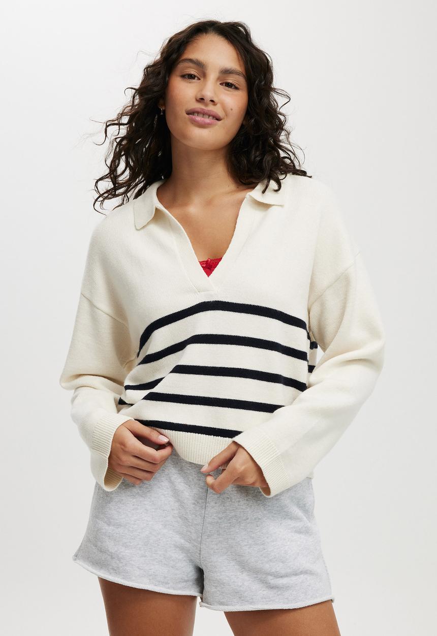 Cotton On - Luxe collar sweater - ecru/navy stripe