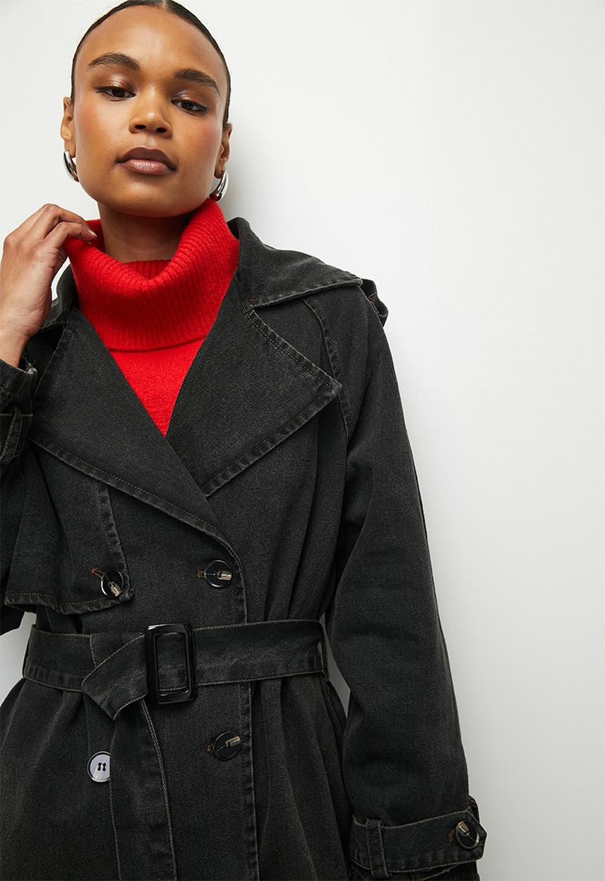 Denim trench coat - black