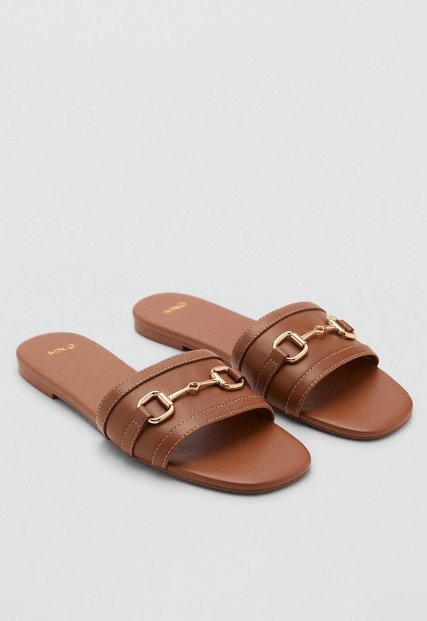 MANGO - Horse leather slide - medium brown