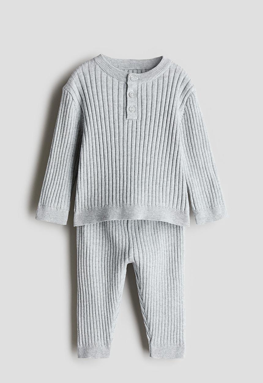 H&M - 2-Piece rib-knit cotton set - light grey marl