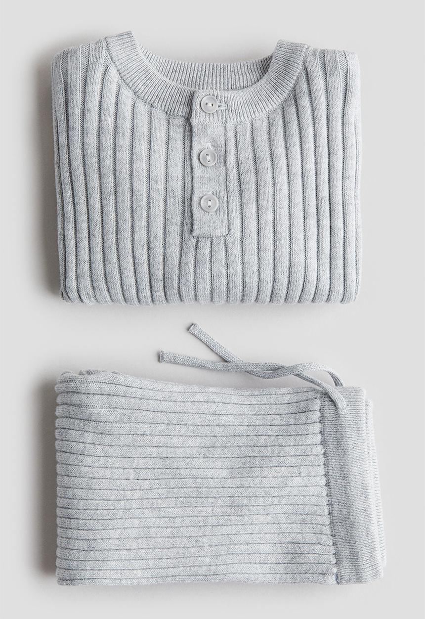H&M - 2-Piece rib-knit cotton set - light grey marl