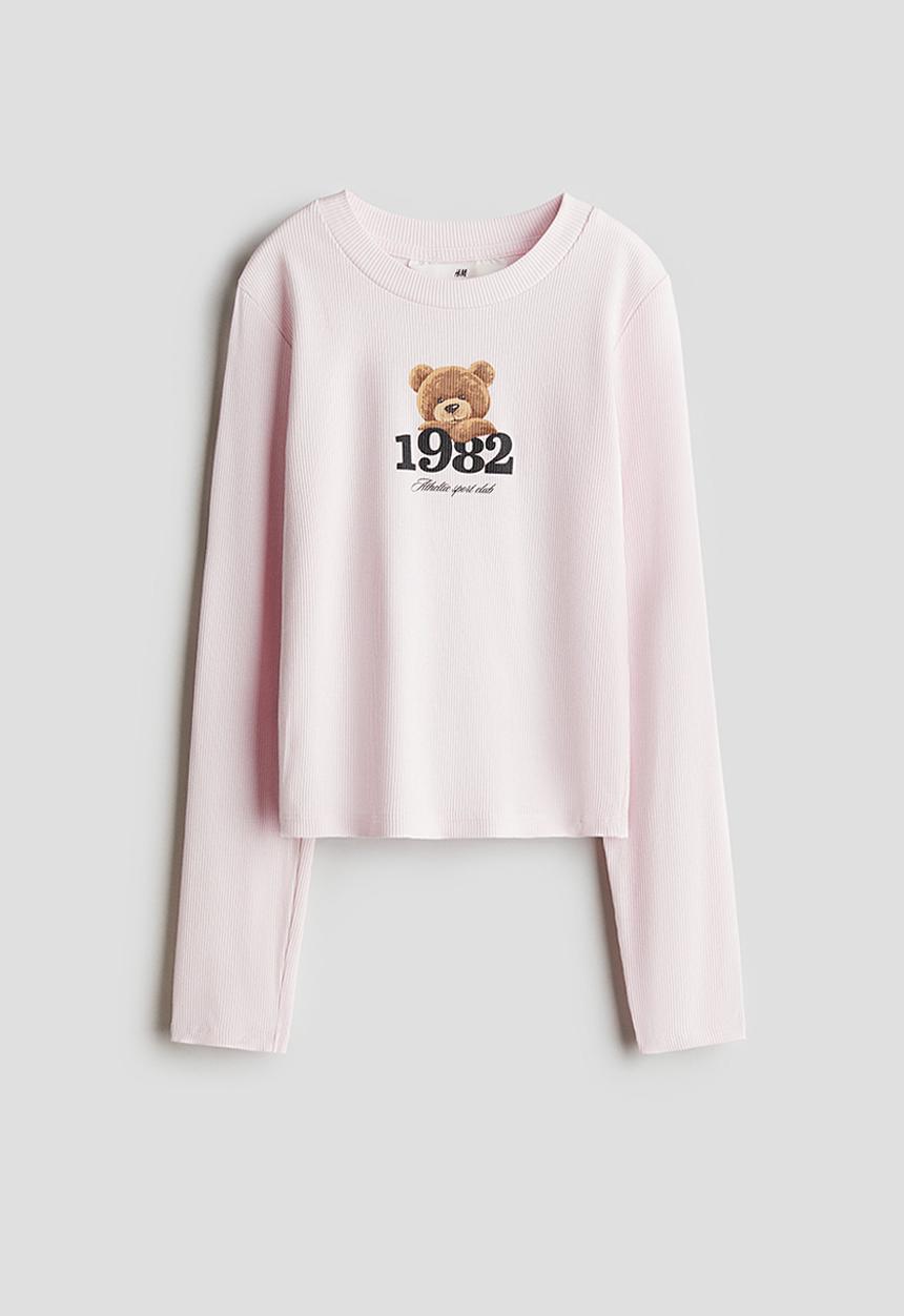H&M - Ribbed cotton top - powder pink/teddy bear