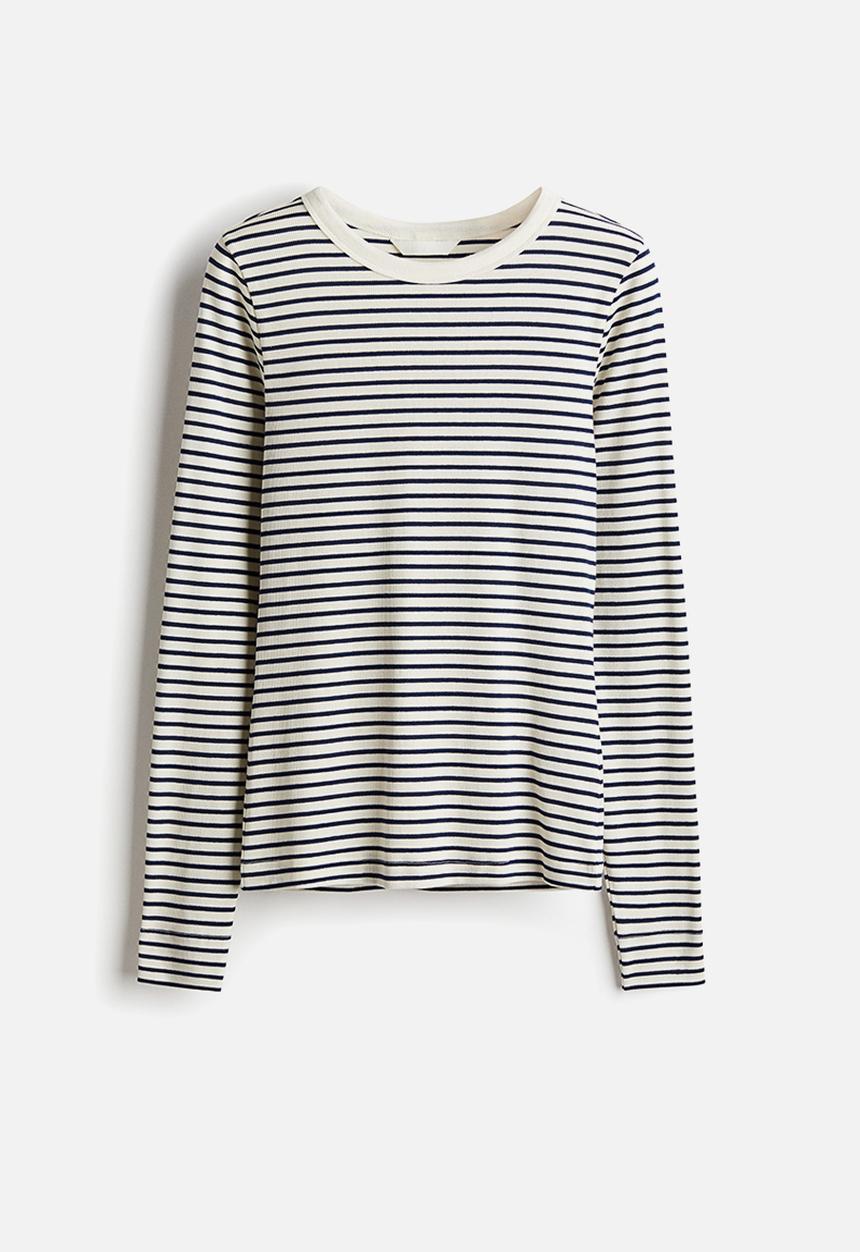 H&M - Ribbed jersey top - cream & navy blue striped 