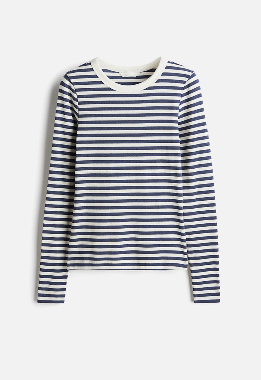 H&M - Ribbed jersey top - white & dusty blue striped