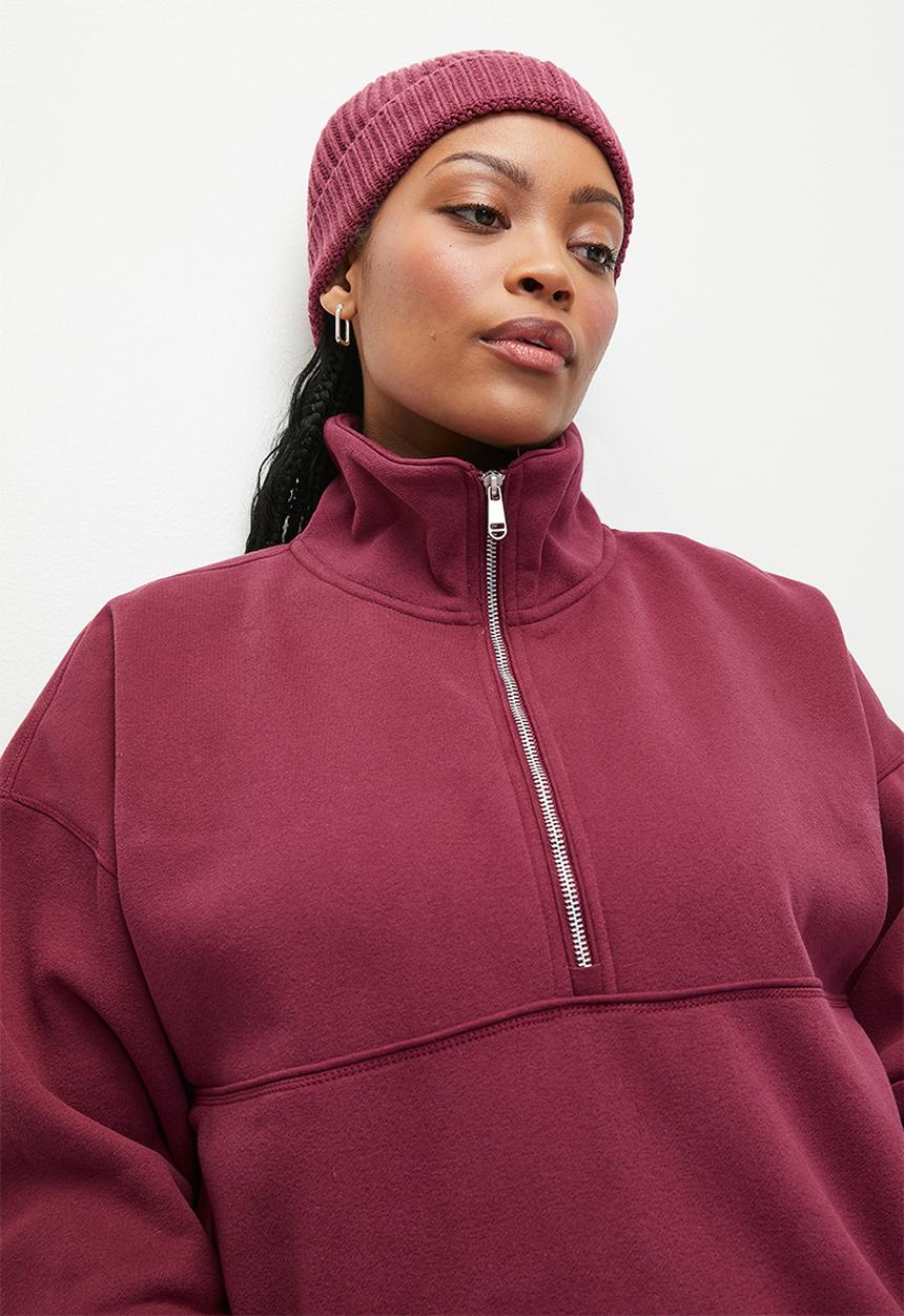 Cotton On - Plus Plush Essential Half Zip Jumper - Sangria