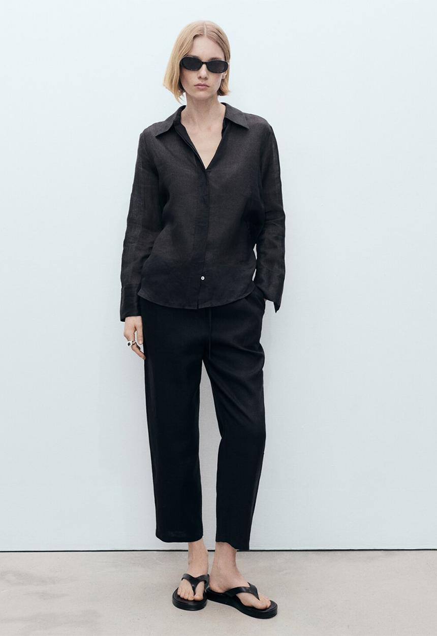MANGO - Trousers Linen - Black