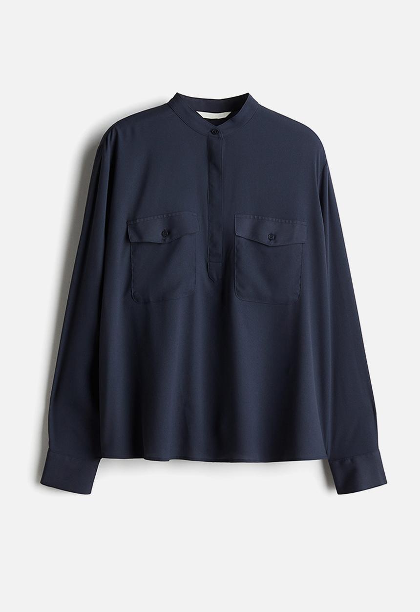H&M - Band-collar blouse - navy blue