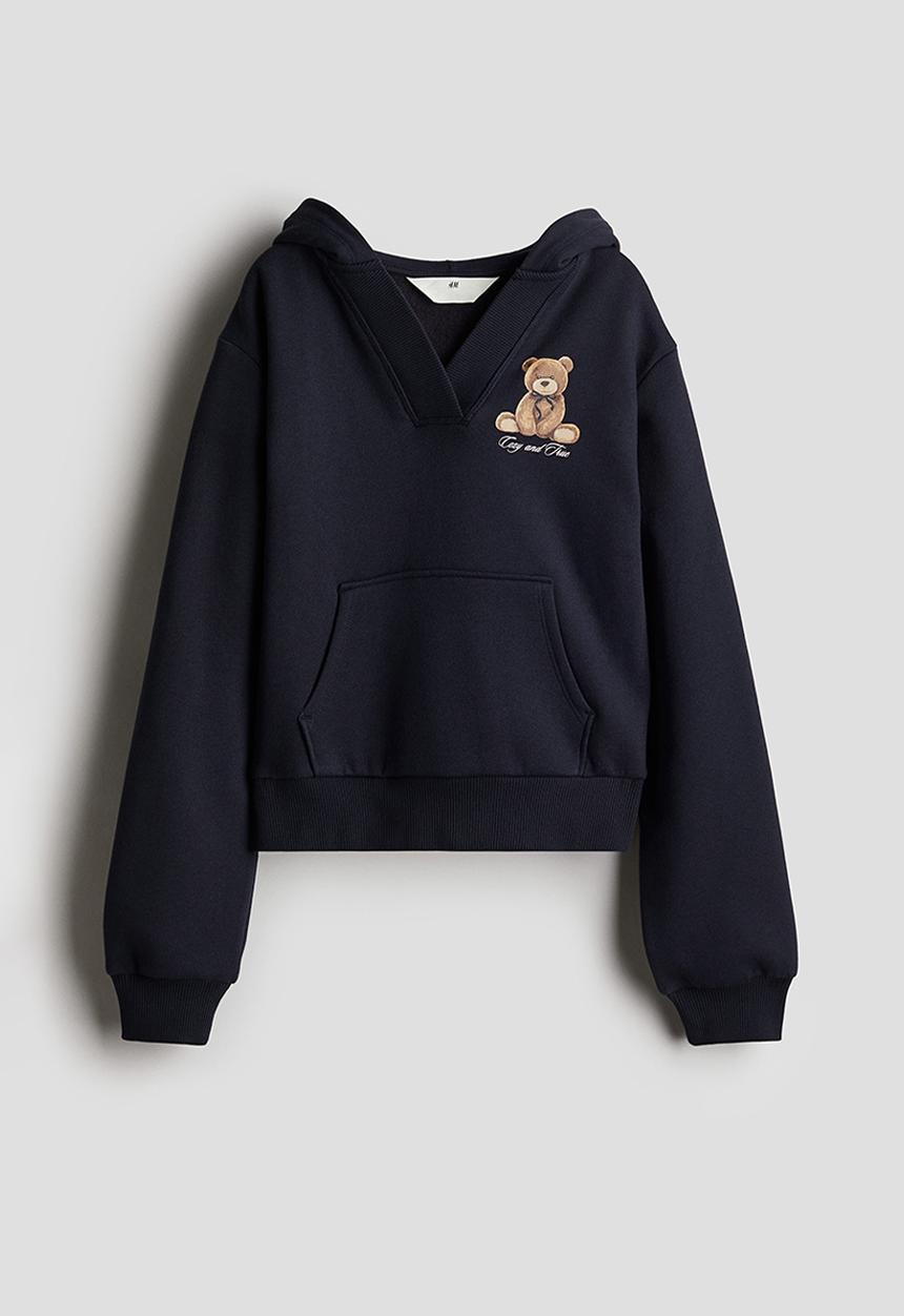 H&M - V-neck hoodie - navy blue & teddy bear