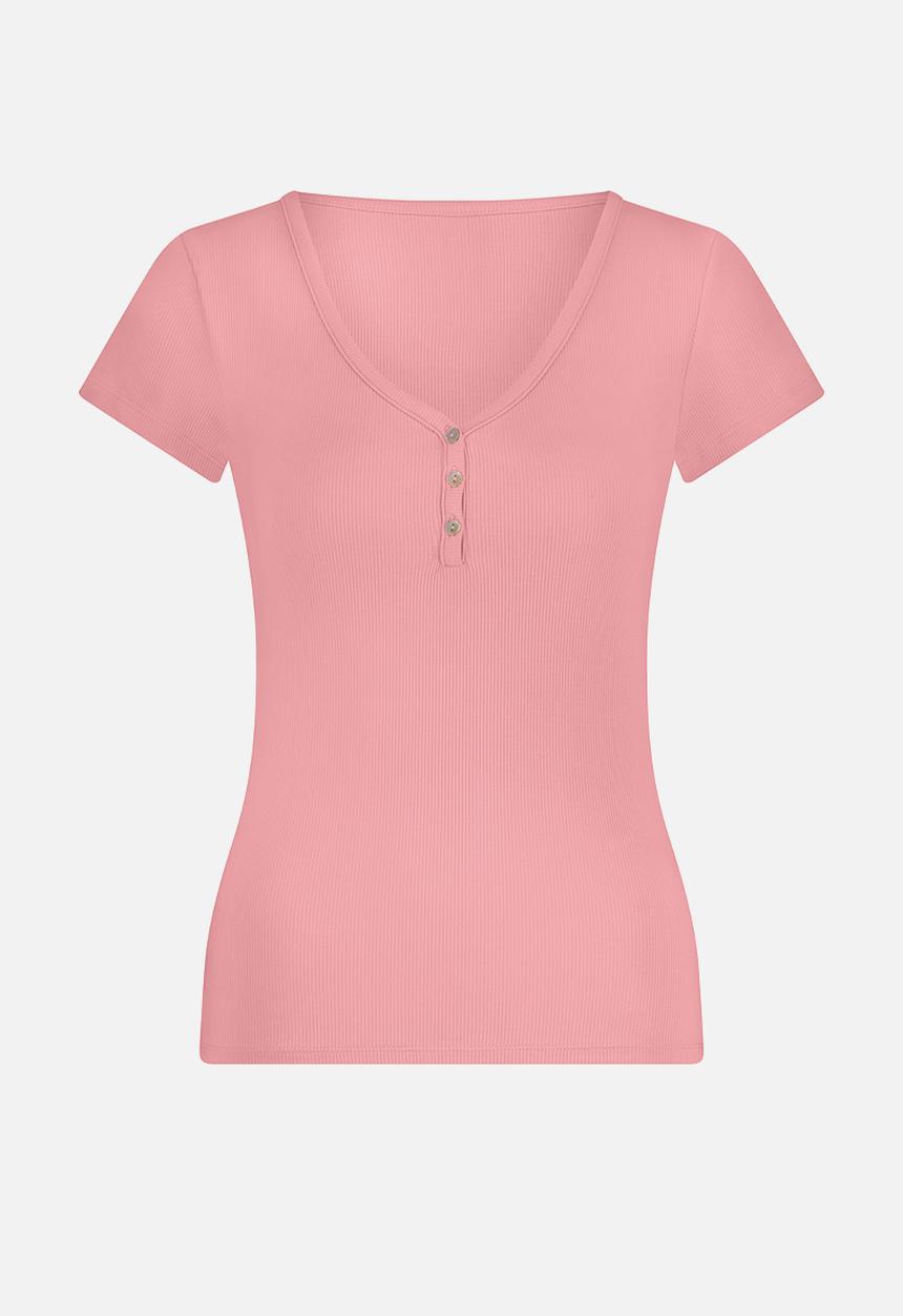 Hunkemoller - Top short sleeve rib henley - pink