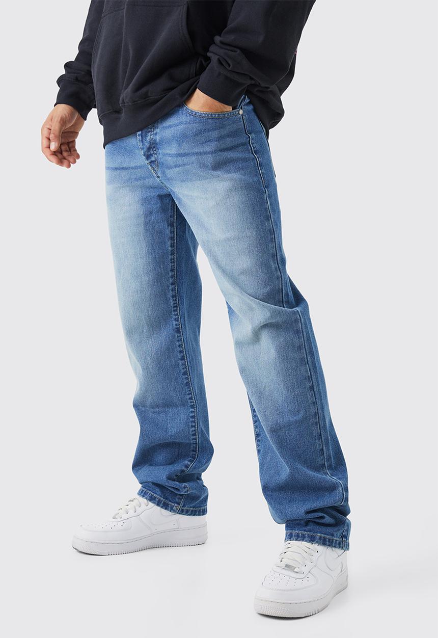 boohooMAN - Relaxed Rigid Washed Jeans - Mid Blue