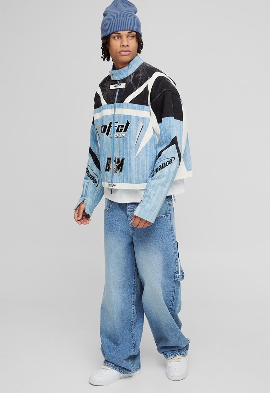 boohooMAN - Washed Adjustable Waist Baggy Carpenter Jeans - Washed Blue