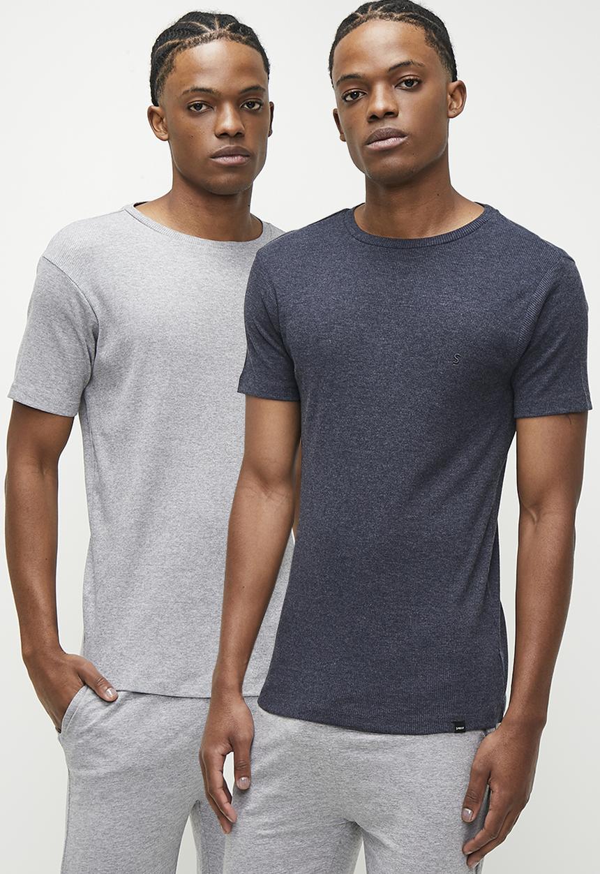 Superbalist - 2-pack premium ribbed crew neck short sleeve tops - grey m & navy mel