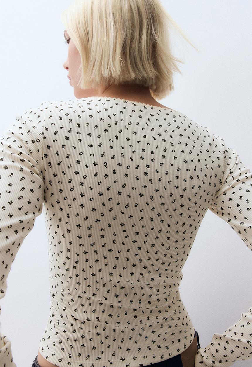H&M - Picot-trimmed cotton top - cream floral