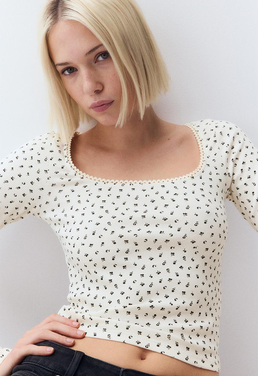 H&M - Picot-trimmed cotton top - cream floral