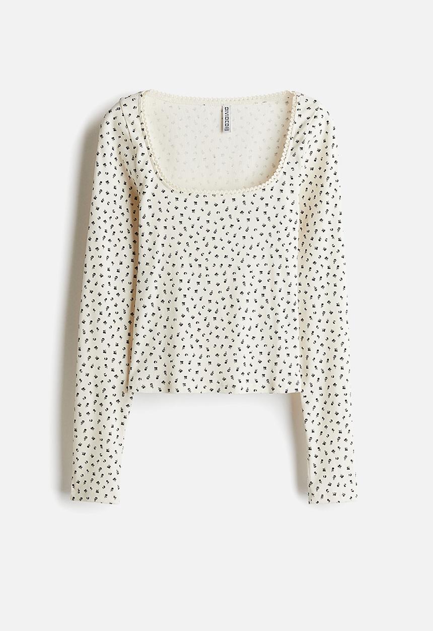 H&M - Picot-trimmed cotton top - cream floral