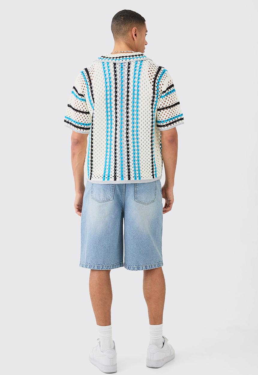 boohooMAN - Oversized Boxy Open Knit Stripe Shirt - Ecru