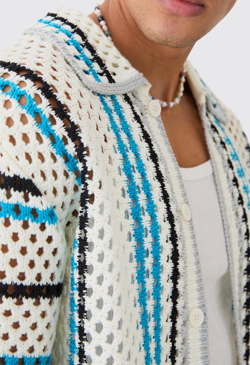 boohooMAN - Oversized Boxy Open Knit Stripe Shirt - Ecru