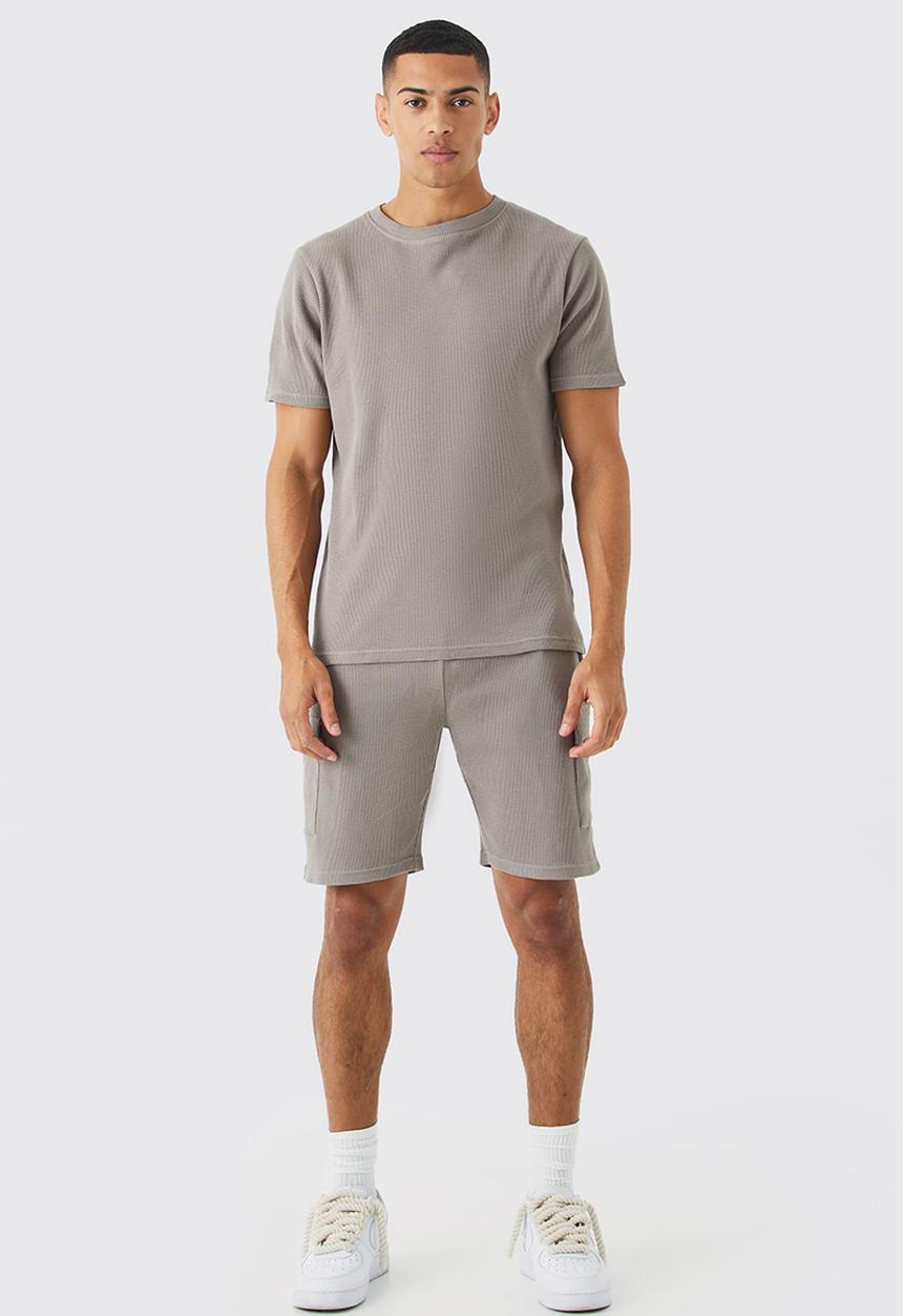 boohooMAN - Slim Waffle T-shirt & Cargo Short Set - Grey