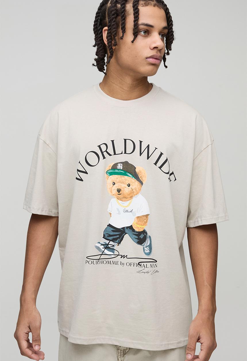 boohooMAN - Oversized Teddy Worldwide Printed T-Shirt - Stone