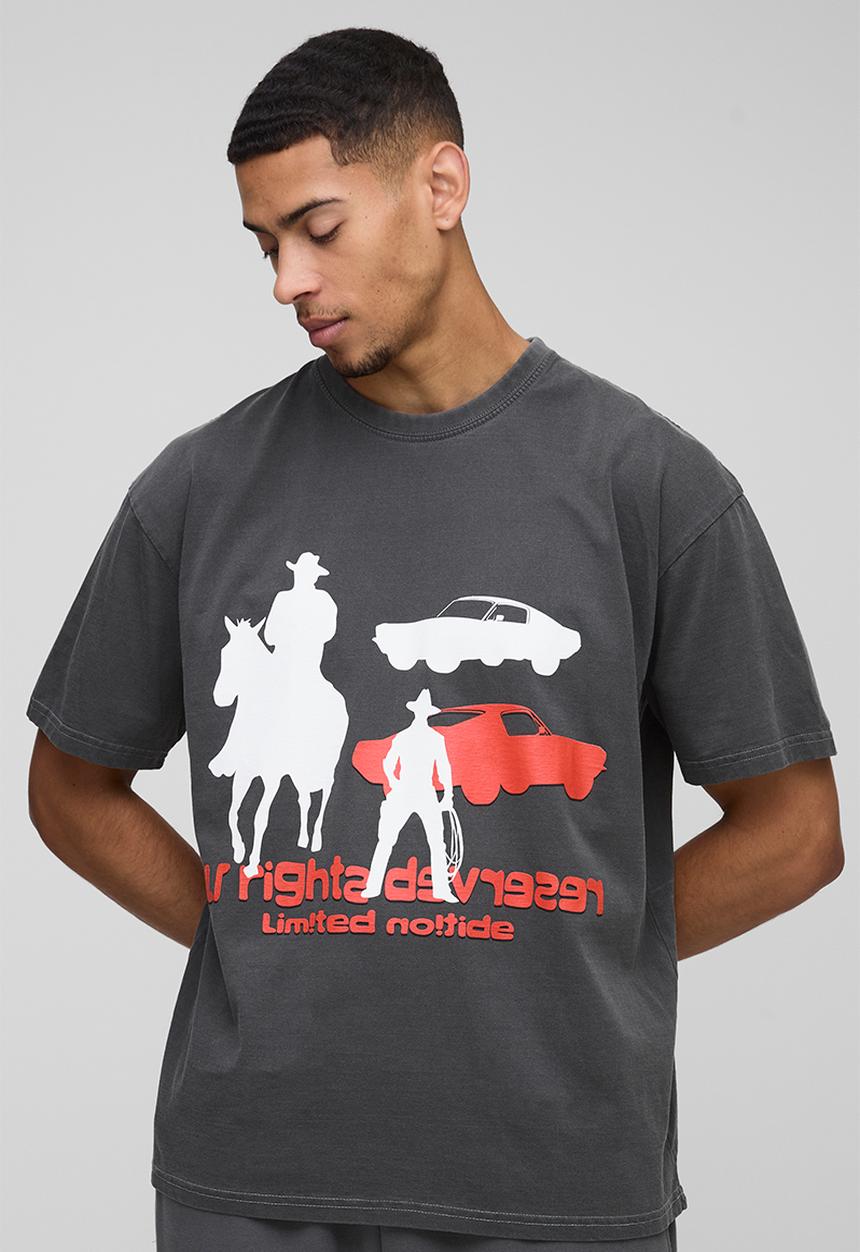 boohooMAN - Oversized Western Car Graphic T-Shirt - Charcoal