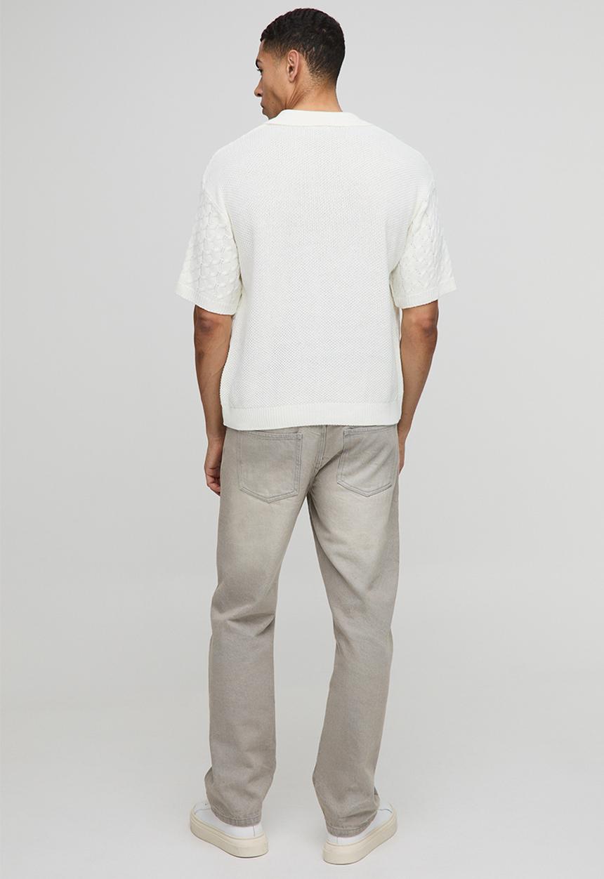 boohooMAN - Oversized Boxy Revere Collar Cable Knitted Polo - White