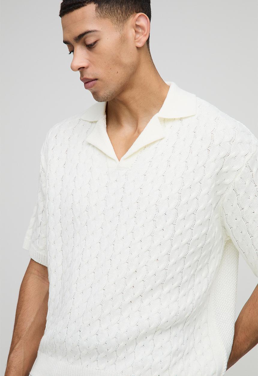 boohooMAN - Oversized Boxy Revere Collar Cable Knitted Polo - White