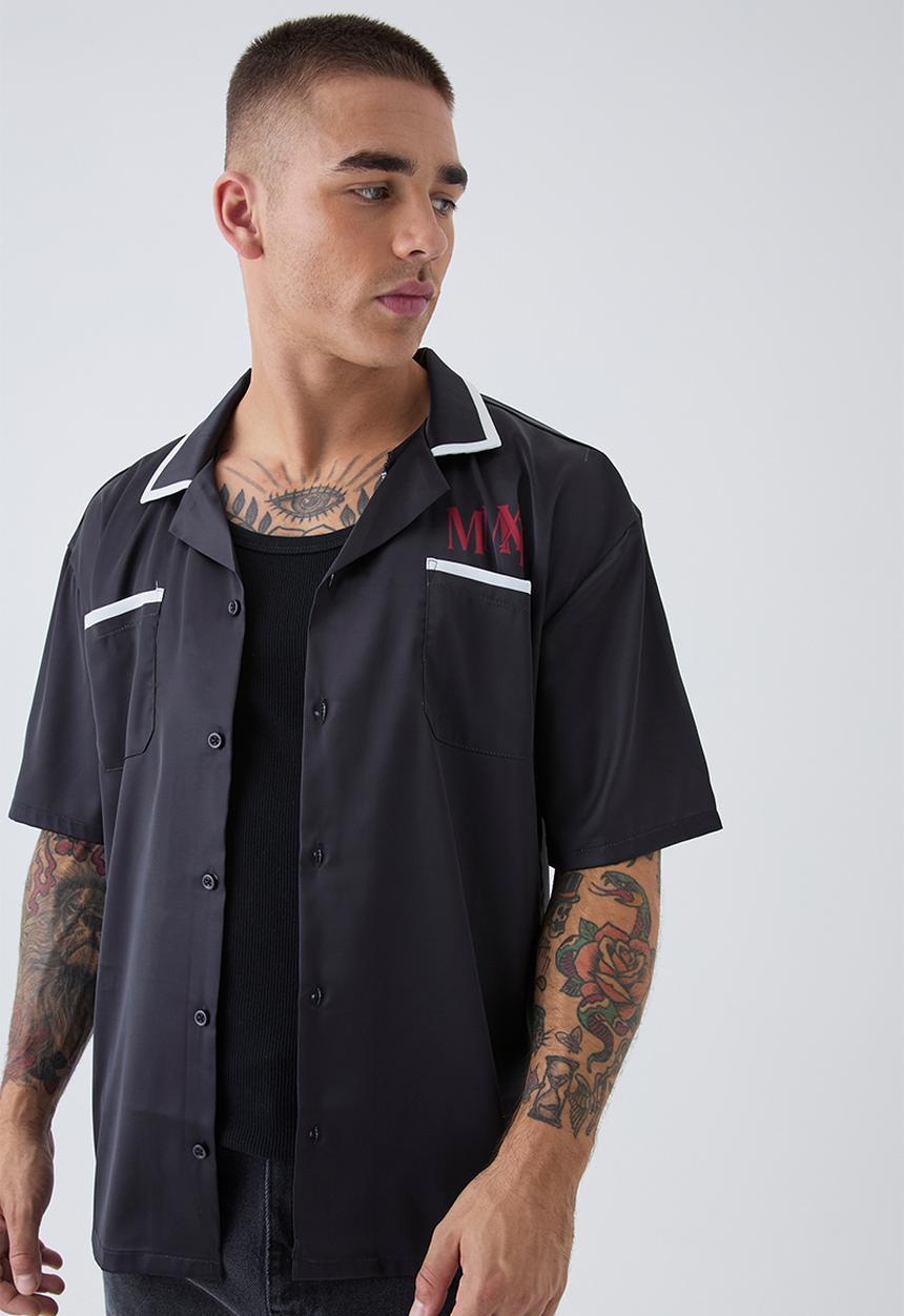 boohooMAN - Oversized Homme Print Satin Shirt - black