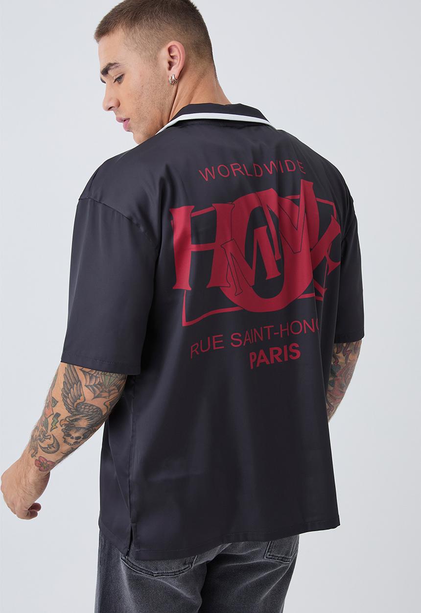 boohooMAN - Oversized Homme Print Satin Shirt - black