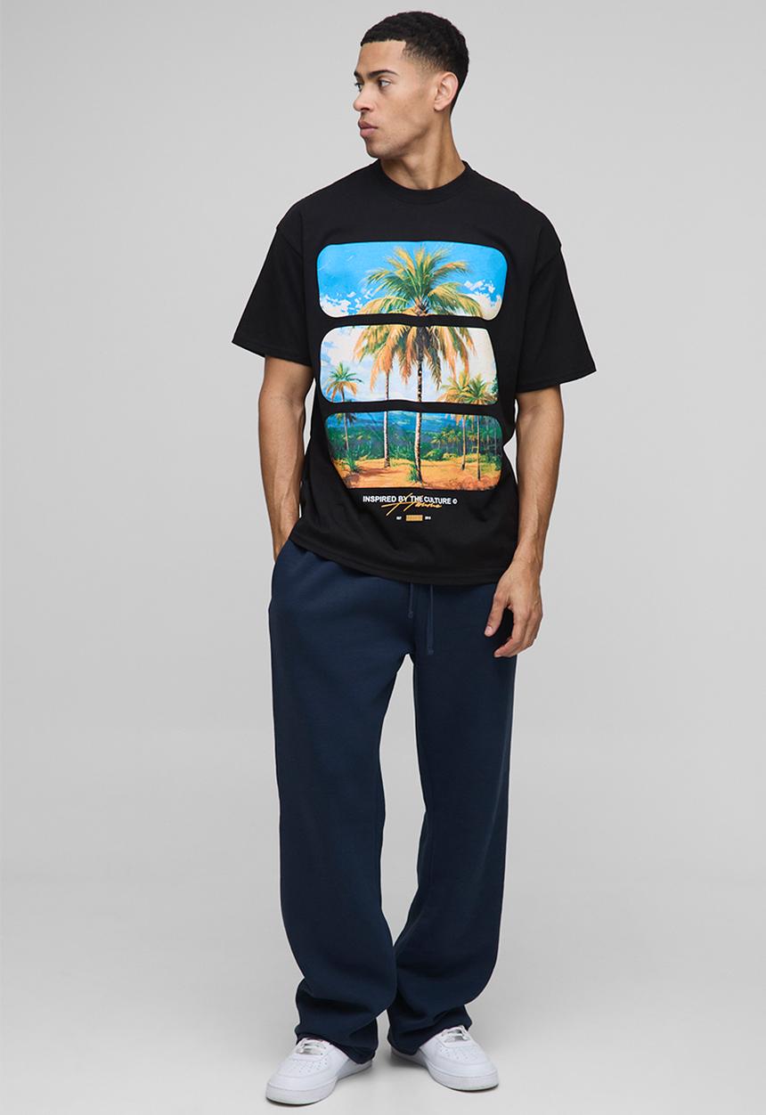 boohooMAN - Oversized Palm Tree Graphic T-Shirt - Black