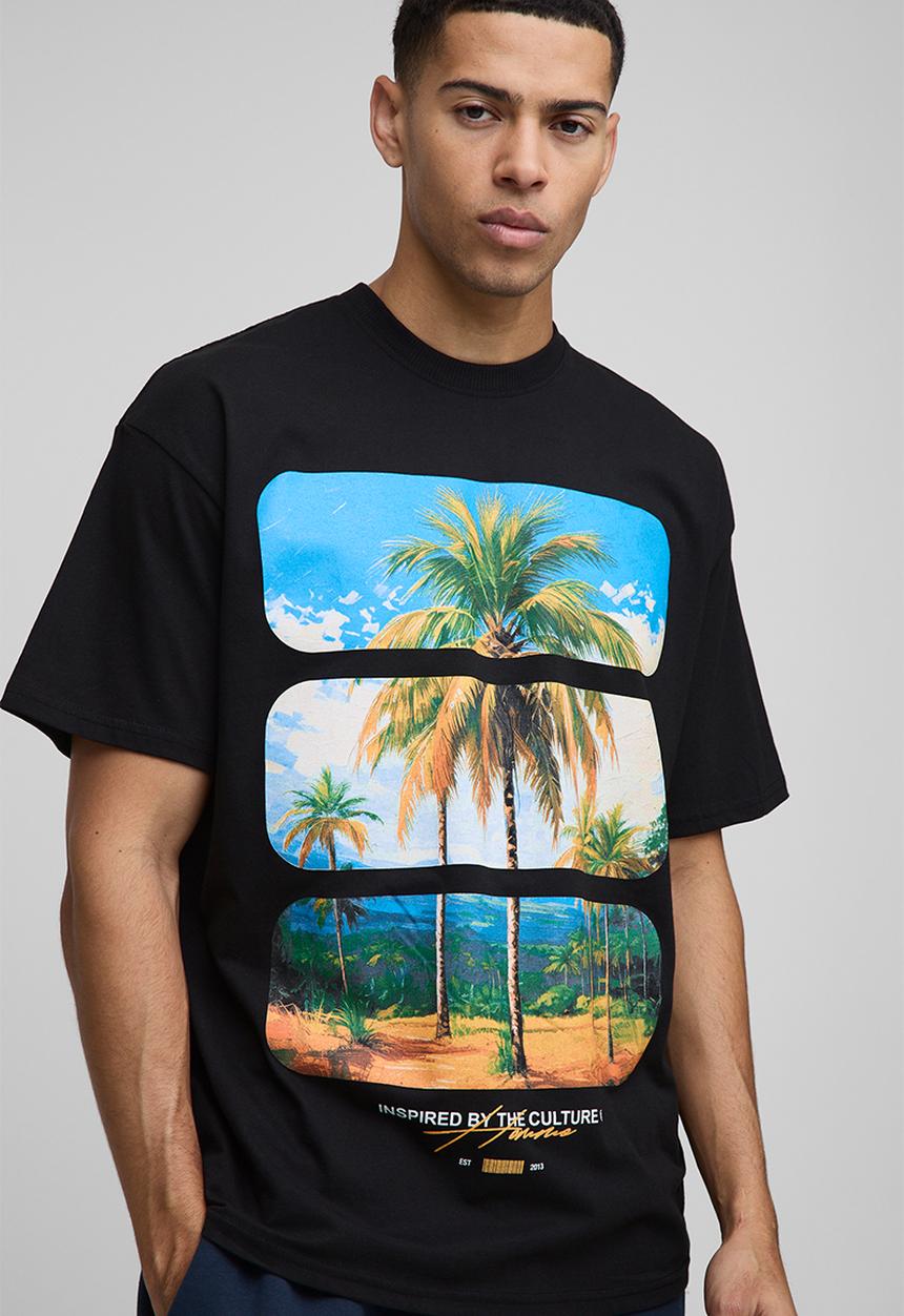 boohooMAN - Oversized Palm Tree Graphic T-Shirt - Black