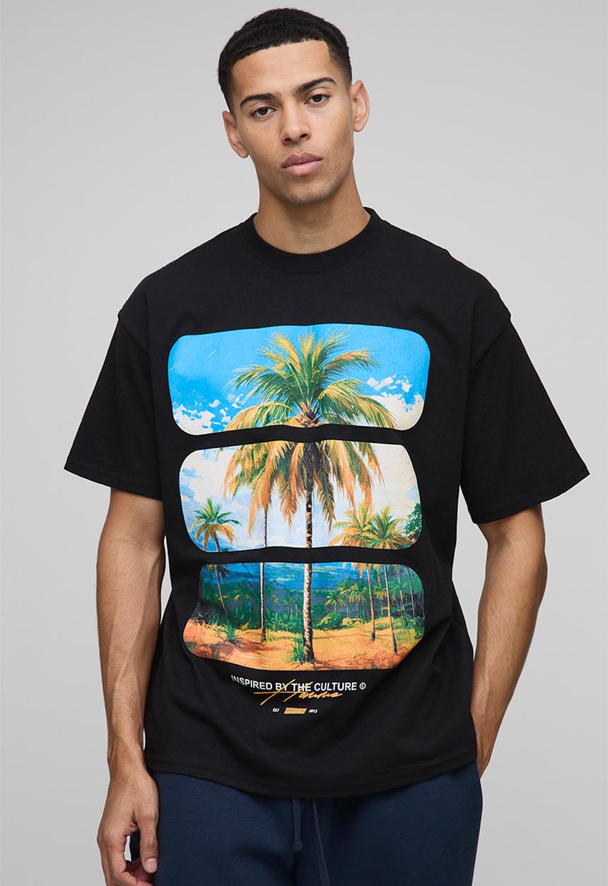 boohooMAN - Oversized Palm Tree Graphic T-Shirt - Black