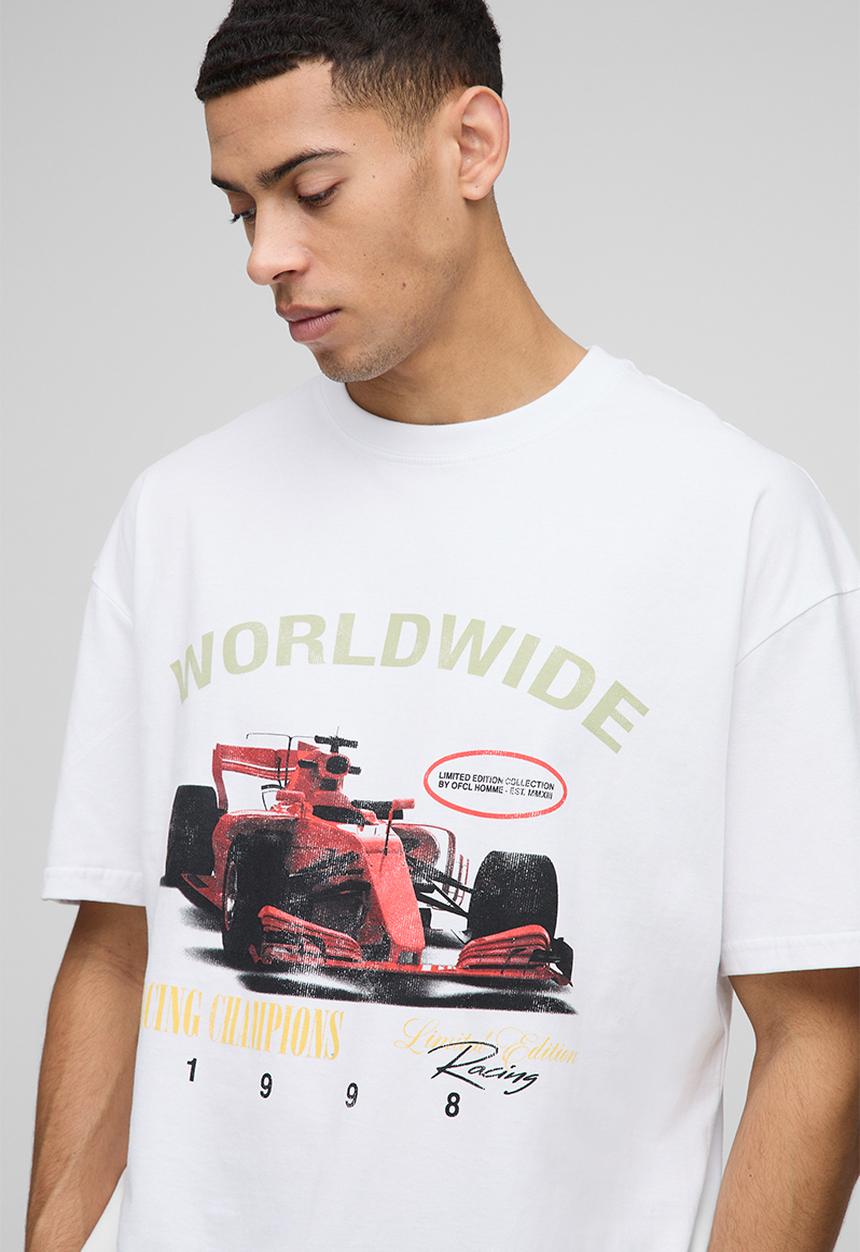 boohooMAN - Oversized Worldwide Racing Champions Print T-Shirt - White