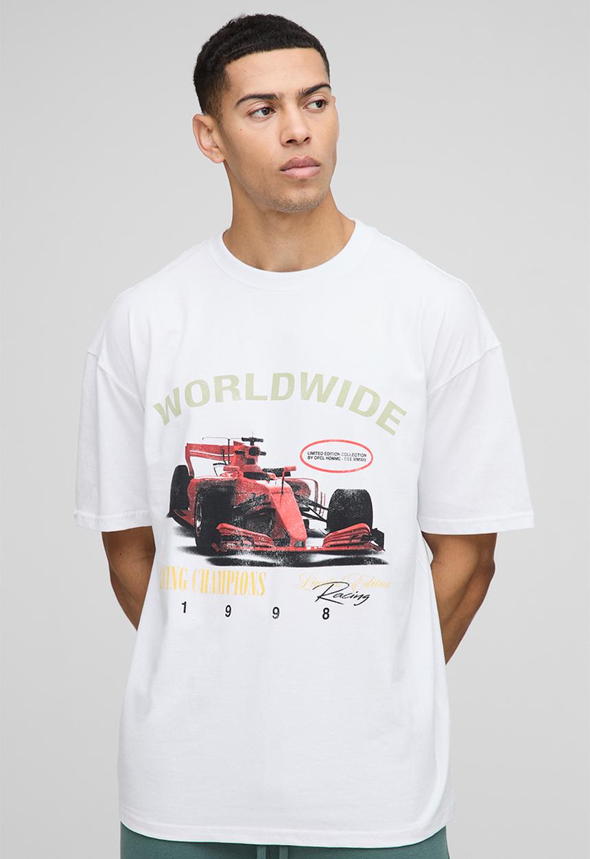 boohooMAN - Oversized Worldwide Racing Champions Print T-Shirt - White